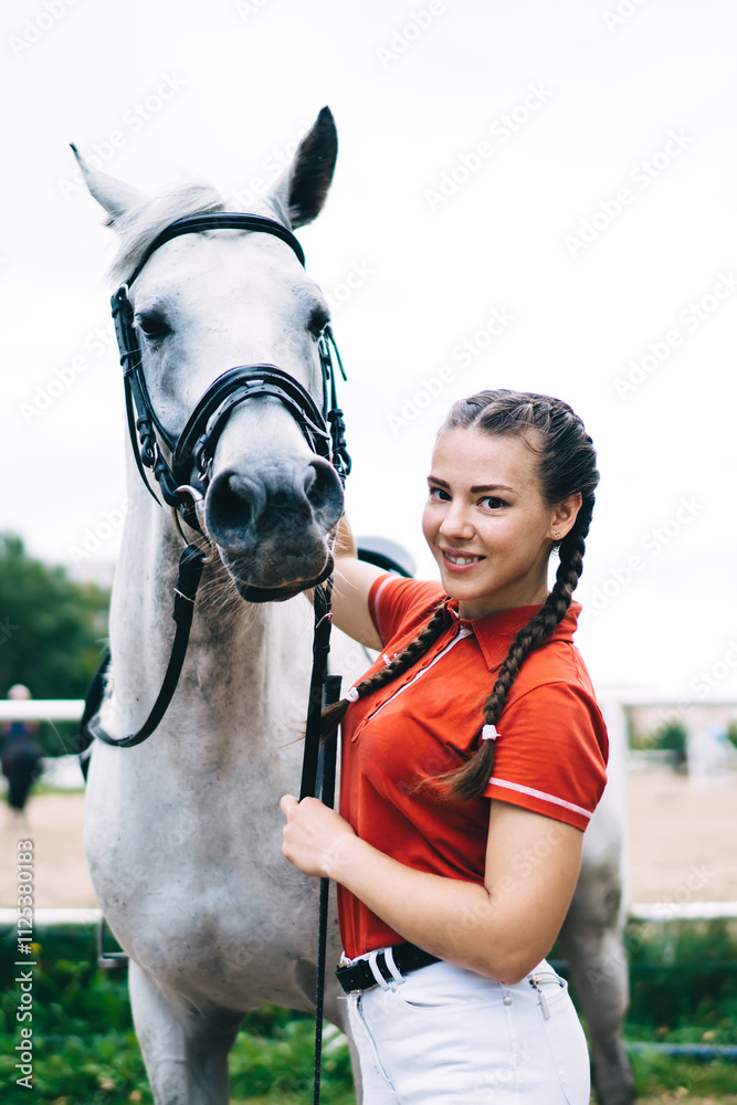 Obraz premium Half length portrait of Caucasian jockey girl posing during dressage competition at nature, female horseback rider smiling at camera during hobby equestrian with white champion stallion animal