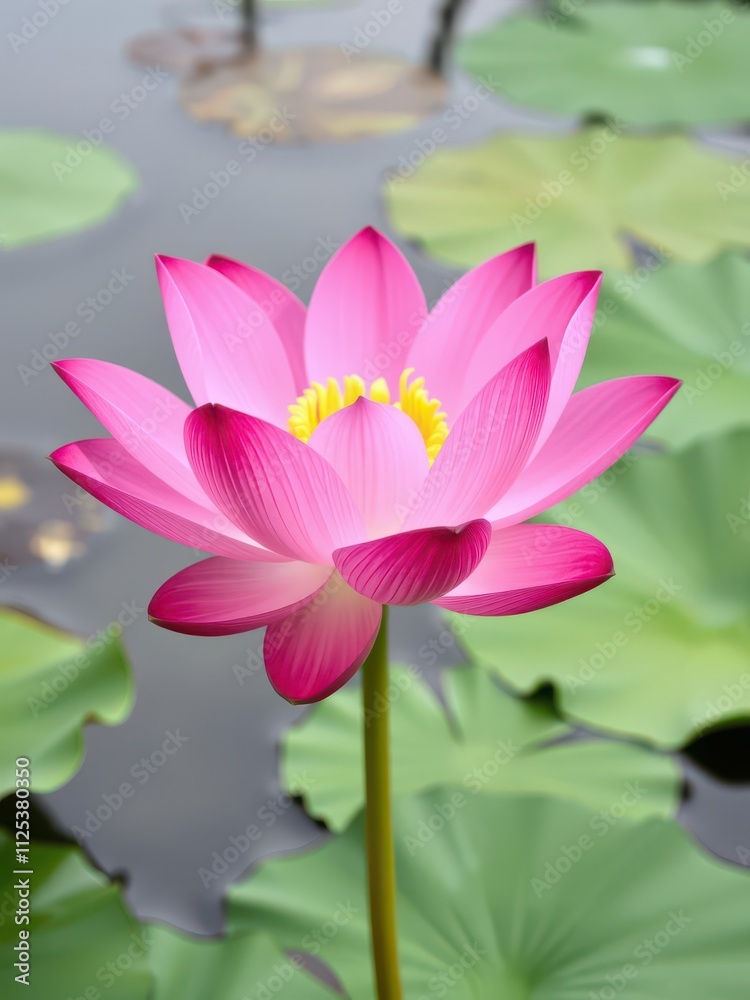 Vibrant pink lotus flower blooming beautifully in a serene pond setting, nature Vibrant pink lotus flower blooming beautifully in a serene pond setting, nature