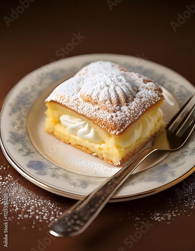 A Polish cream cake with a dusting of powdered sugar on a porcelain plate with a fork beside it. photo