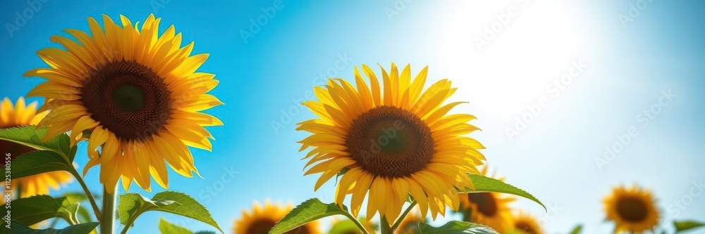 Obraz premium Sunflower blooming under the bright sunshine against a clear blue sky, cheerful