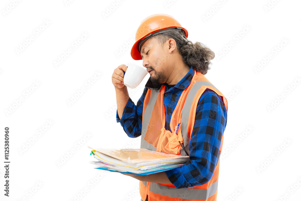 Indonesian male construction worker in full safety gear looking troubled carrying report and cup of coffee, construction and industry work concept, isolated on white background. Indonesian male construction worker in full safety gear looking troubled carrying report and cup of coffee, construction and industry work concept, isolated on white background.