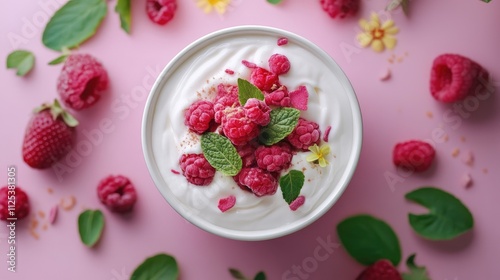 Creamy yogurt with fresh raspberries and mint in a bowl, decorated with flowers on a pink background.