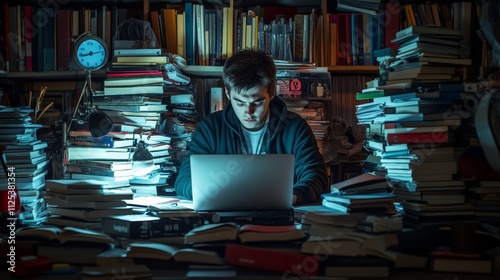 Obraz na płótnie Focused young man working late at night surrounded by stacks of books and a glowing laptop. w salonie