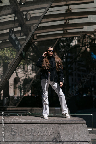 Fashion Caught Perfectly at the Subway Entrance Amid the Lively Streets of NYC