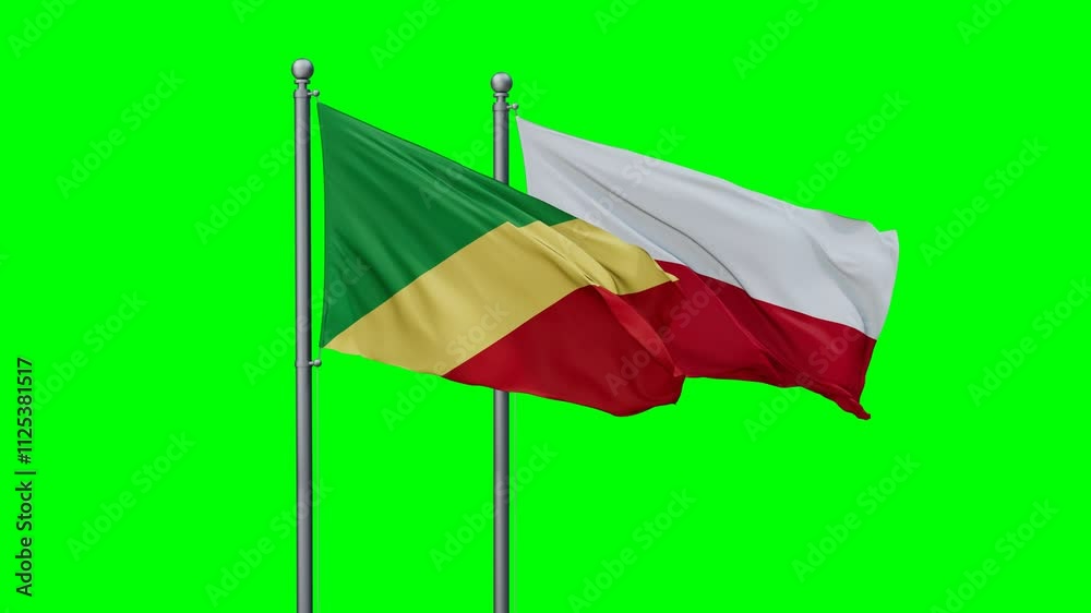 Poland and Congo Brazzaville flags flying together, video concept of the relationship with colored chroma key for easy background remove, two country cooperation concept Poland and Congo Brazzaville flags flying together, video concept of the relationship with colored chroma key for easy background remove, two country cooperation concept