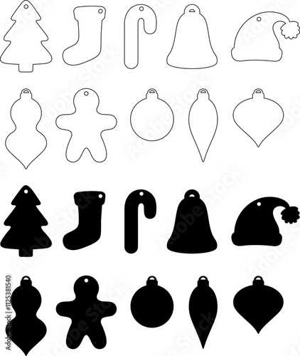 Christmas Gift Tag Label Templates Clipart Set with Tree, Stocking, Santa Hat, Bell, Ornaments and Gingerbread Cookie - Outline and Silhouettes with Holes	