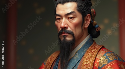 2)	A detailed photorealistic portrait of Emperor Jimmu, depicted in traditional Japanese attire, showcasing intricate patterns and vibrant colors, with a serene expression that reflects his historical