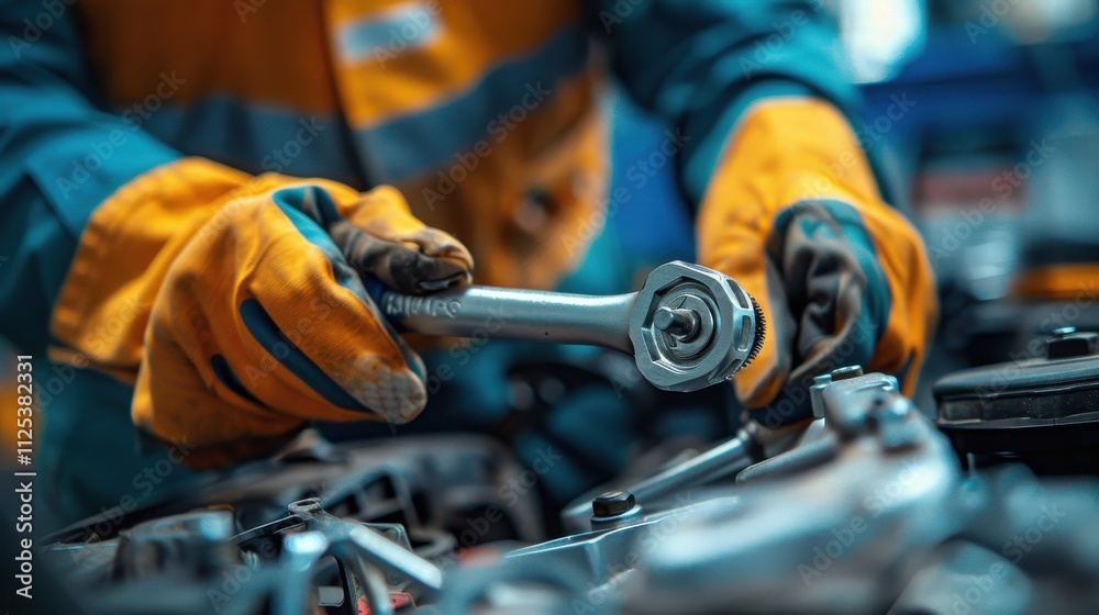 Portrait of a mechanic in a modern car service, using a ratchet under a car, focusing intently, wearing gloves Portrait of a mechanic in a modern car service, using a ratchet under a car, focusing intently, wearing gloves