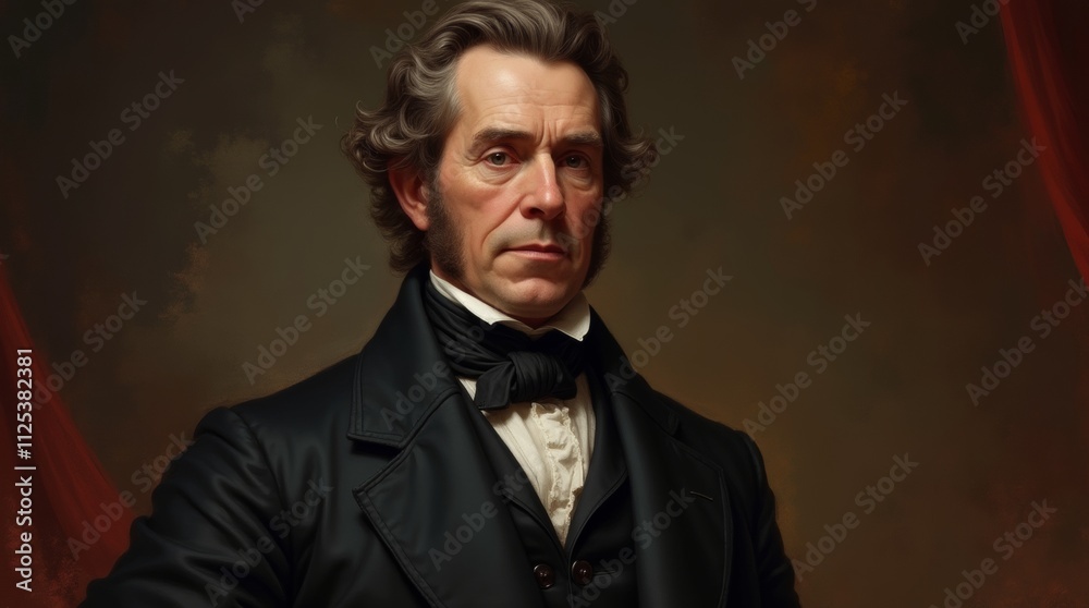A photorealistic image of a historical portrait featuring a distinguished figure from the 19th century, dressed in period attire with intricate details, set against a richly textured background tha A photorealistic image of a historical portrait featuring a distinguished figure from the 19th century, dressed in period attire with intricate details, set against a richly textured background tha