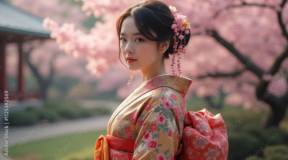 A photorealistic image of a person wearing a traditional kimono attire, showcasing intricate patterns and vibrant colors, set against a serene Japanese garden backdrop with cherry blossoms. A photorealistic image of a person wearing a traditional kimono attire, showcasing intricate patterns and vibrant colors, set against a serene Japanese garden backdrop with cherry blossoms.