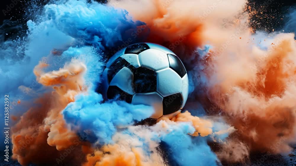 A soccer ball is surrounded by a cloud of smoke. The smoke is orange and blue, and the ball is white and black. The scene is chaotic and disordered, with the ball and smoke swirling around each other