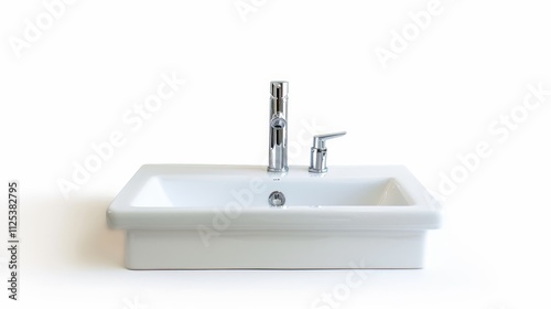A modern white sink with a sleek faucet, designed for bathroom or kitchen use.