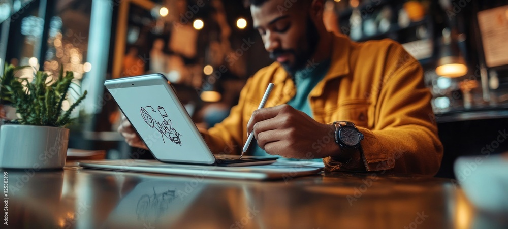 Focused Designer Sketching on Tablet in Coffee Shop Focused Designer Sketching on Tablet in Coffee Shop
