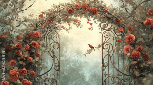 Elegant swan swimming in a calm lake under the moonlight - A beautifully detailed illustration of a wrought iron gate adorned with roses and a bird  