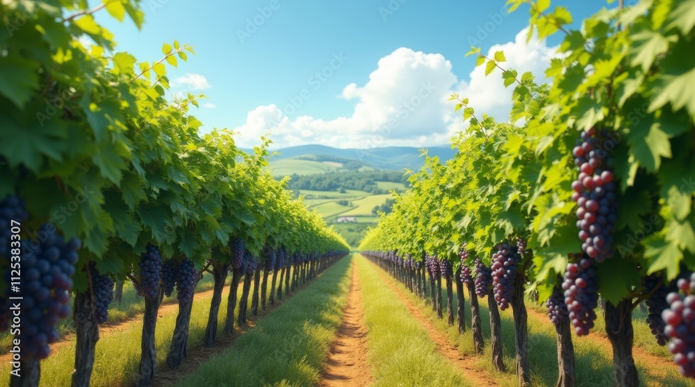 Obraz premium A photorealistic image of lush grape vines growing in a vineyard, with clusters of ripe grapes hanging from the vines, set against a backdrop of rolling hills and a clear blue sky