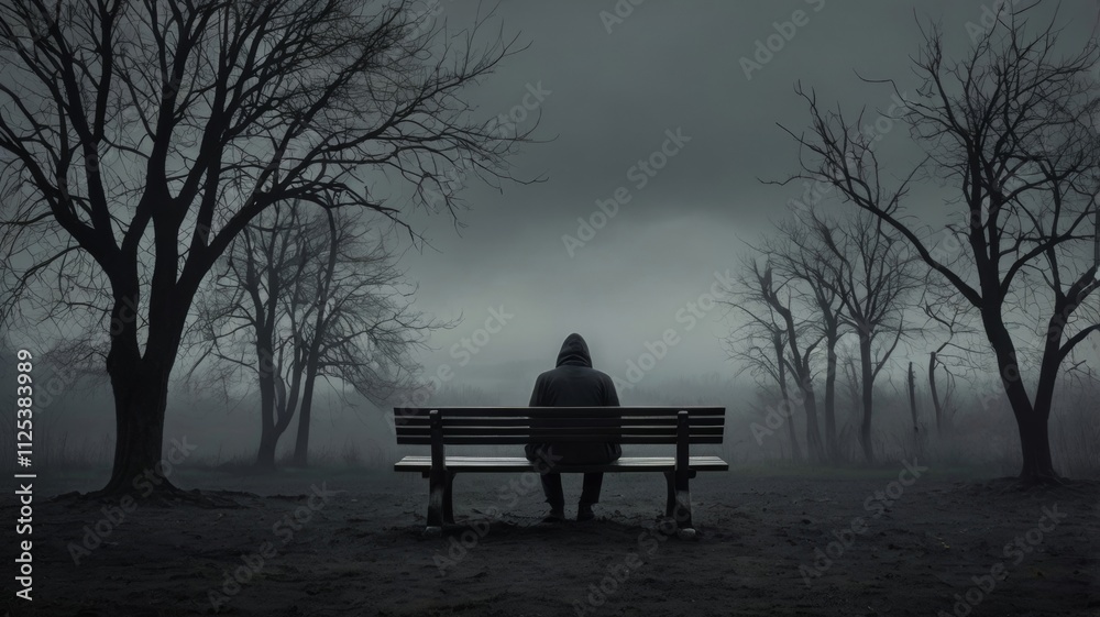 ) A dark, moody landscape depicting a solitary figure sitting on a bench under a gray sky, surrounded by barren trees and a misty atmosphere, evoking feelings of isolation and sadness. ) A dark, moody landscape depicting a solitary figure sitting on a bench under a gray sky, surrounded by barren trees and a misty atmosphere, evoking feelings of isolation and sadness.
