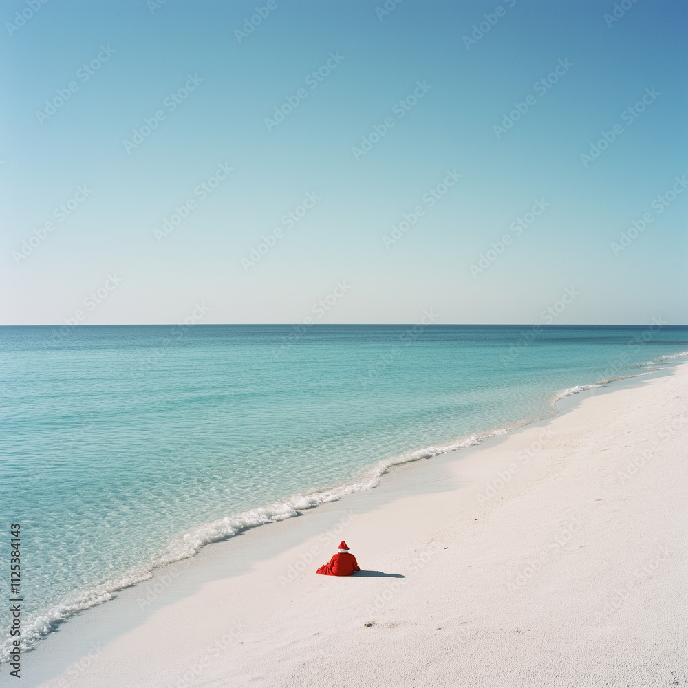 A person in red Christmas attire lies on the shore of an empty beach with clear blue water and white sand. A person in red Christmas attire lies on the shore of an empty beach with clear blue water and white sand.