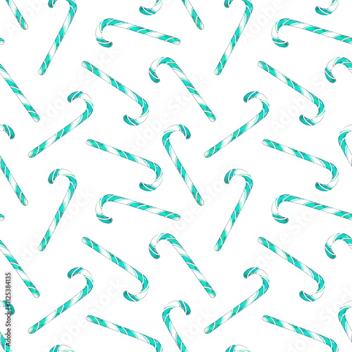 Watercolor Candy Canes Sketched in Seamless Pattern