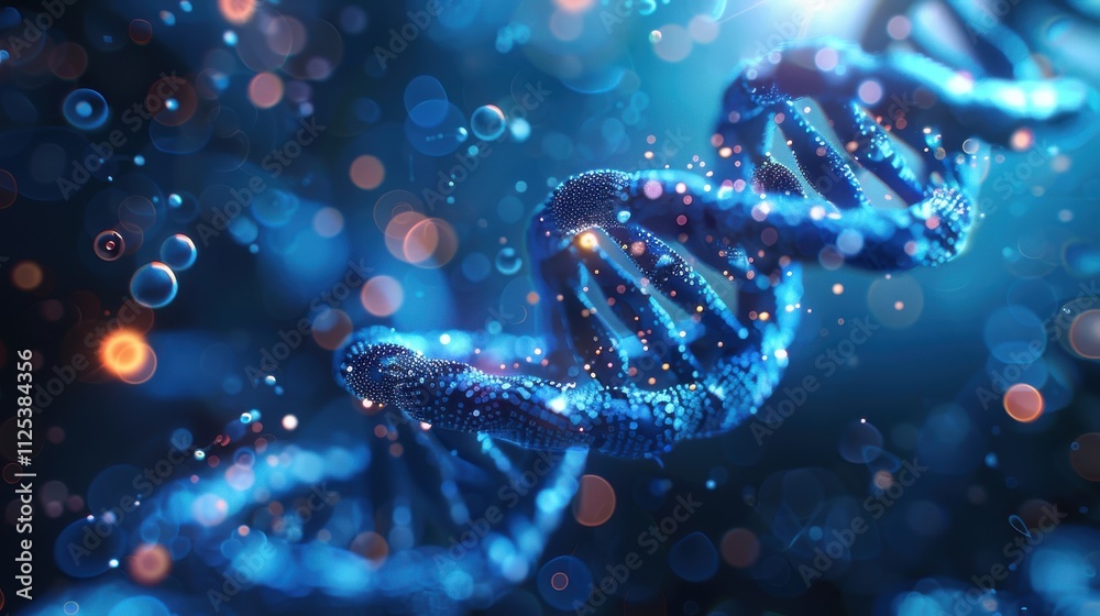 Elegant blue DNA double helix spiral with radiant light bokeh and bubbles, creating a serene blue backdrop Elegant blue DNA double helix spiral with radiant light bokeh and bubbles, creating a serene blue backdrop