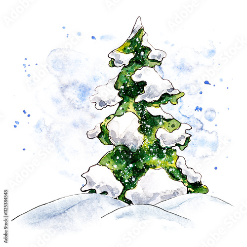 Watercolor Christmas green tree in snow on snowdrifts in sketch technique