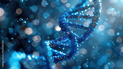 Elegant blue DNA double helix spiral with radiant light bokeh and bubbles, creating a serene blue backdrop