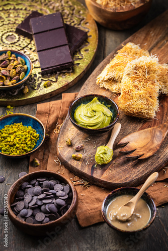 Photography Preparing homemade Dubai chocolate with ingredients