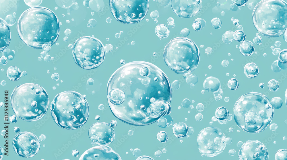 Boiling water, abstract background with air bubbles on liquid surface, dynamic motion, transparent aqua, randomly moving seether or fizzing, template for advertising, Realistic 3d vector illustration