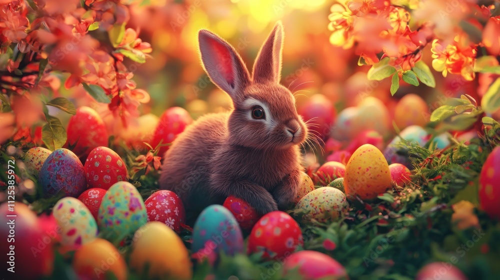 Easter bunny surrounded by colorful eggs spring garden nature scene vibrant colors Easter bunny surrounded by colorful eggs spring garden nature scene vibrant colors