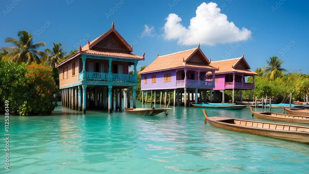 Scenic Tropical Village of Stilt Houses by Calm Blue Waters Scenic Tropical Village of Stilt Houses by Calm Blue Waters