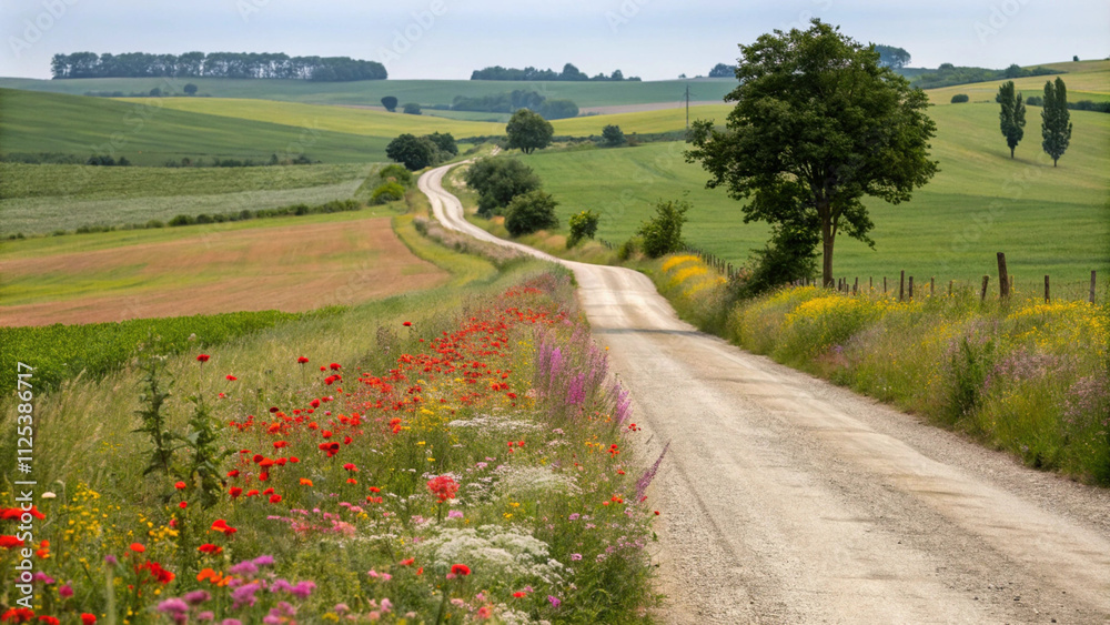 Fototapeta premium Serene Country Road Winding Through Rolling Hills and Wildflowers