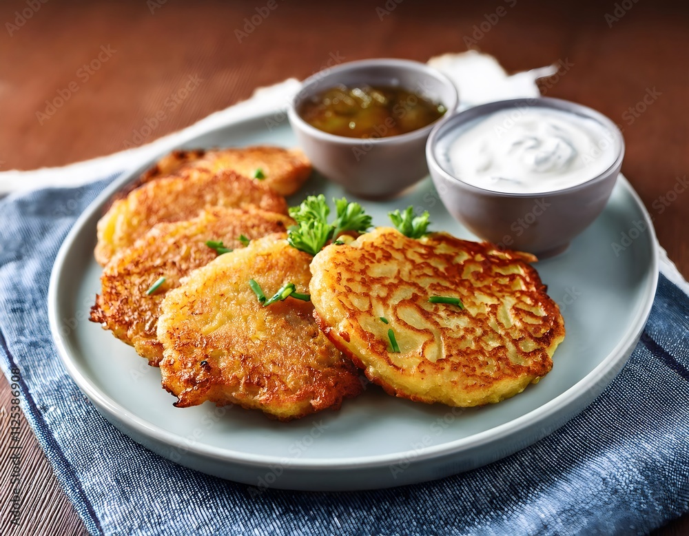Crispy Polish potato pancakes served with sour cream and a side of applesauce Crispy Polish potato pancakes served with sour cream and a side of applesauce