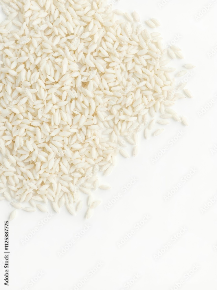 High angle view of white rice grains arranged neatly on a clean white background, isolated, harvest High angle view of white rice grains arranged neatly on a clean white background, isolated, harvest