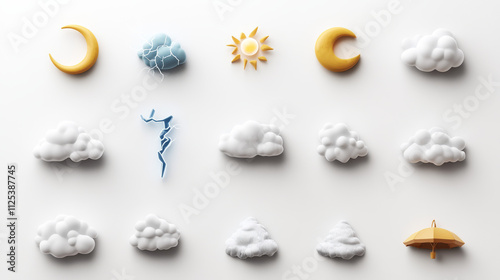 Weather icons, meteorology forecast for night in summer and winter. Weather symbols with moon, clouds, rain drops, snow, lightning and fog isolated on white background, 3d render set. 3D Illustration photo