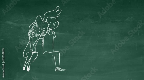 Charming hand-drawn chalk art of a love story on a green blackboard background, featuring a couple and romantic message