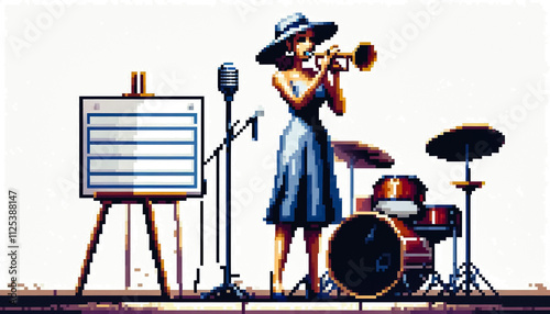 jazz inspired outfit flat layout with blank sign pixelated style against blurry simple background ideal to add text photo