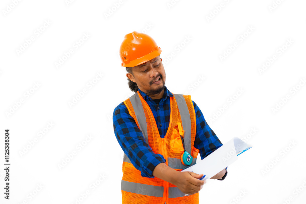 Indonesian male construction worker using safety gear excited posing using clipboard, construction and industry concept, isolated on white background. Indonesian male construction worker using safety gear excited posing using clipboard, construction and industry concept, isolated on white background.