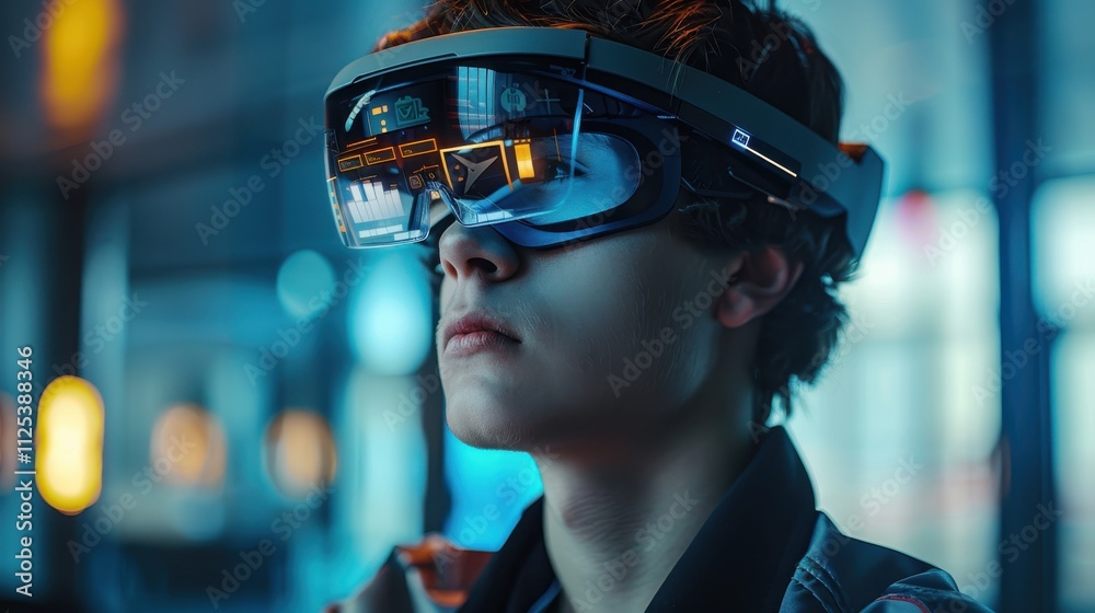 Young adult in a modern office setting, using an advanced AR application with a headset for business tasks Young adult in a modern office setting, using an advanced AR application with a headset for business tasks