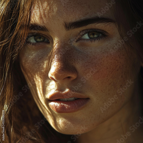 A close-up of the face of a beautiful woman with freckles and brown hair, sunlight on her skin