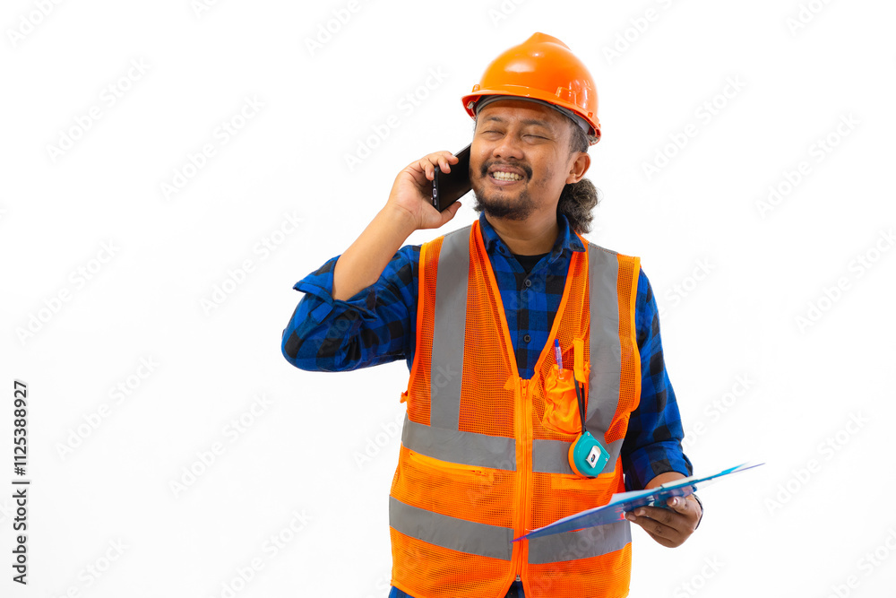 Indonesian male construction worker using safety equipment making report via voice call while holding clipboard, construction and industry concept, isolated on white background.