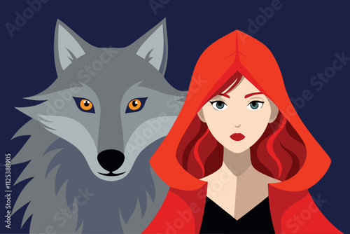 Red Riding Hood with Gray Wolf cartoon vector illustration