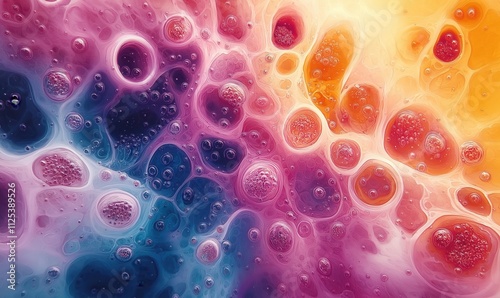 Watercolor background, various cells showcasing intricate details.