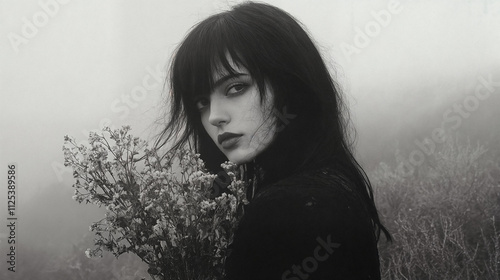 A young brunette woman with a bouquet of wild flowers stands in the fog.