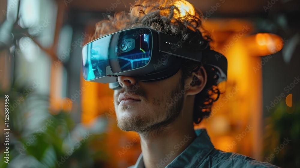 Young adult in a modern office setting, using an advanced AR application with a headset for business tasks Young adult in a modern office setting, using an advanced AR application with a headset for business tasks
