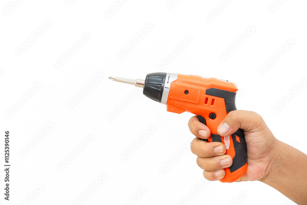 Male construction worker hand carrying drill, construction and industry concept, isolated on white background.