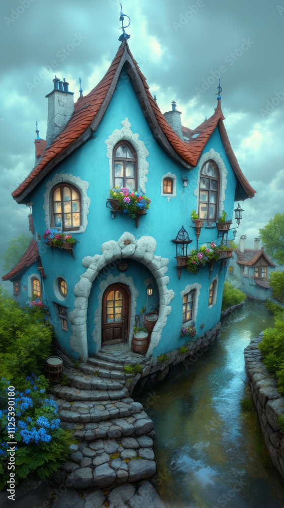 Fototapeta premium Charming Lakeside Cottage with Blue Roof, Flower Garden, and Wooden Rowboat 