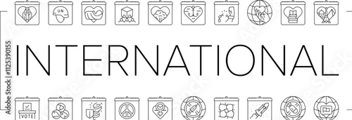 international holiday day icons set vector. girl child, peacekeepers, midwife, cooperatives, forests, seafarer, victims slavery international holiday day black contour illustrations
