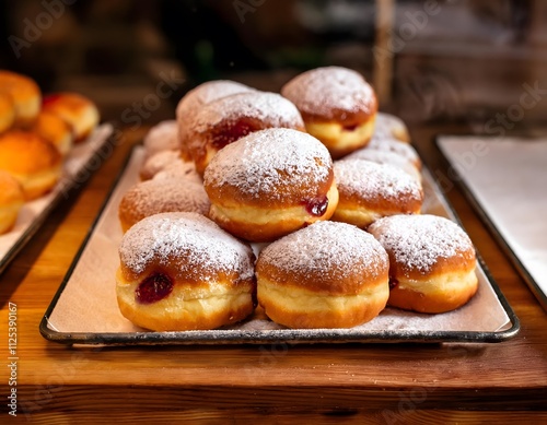 Polish dounuts filled with rose jam and topped with powdered sugar on a bakery counter. Traditional Polish Rose Jam Donuts for Fat Thursday