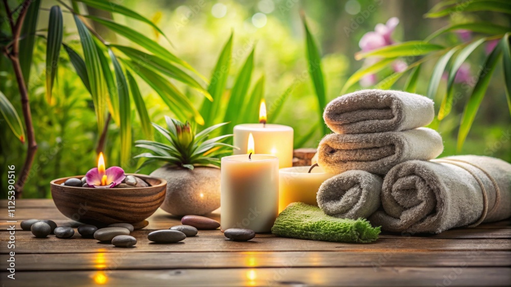 Spa Concept - Massage Stones With Towels And Candles In Natural Background
Spa Concept - Massage Stones With Towels And Candles In Natural Background