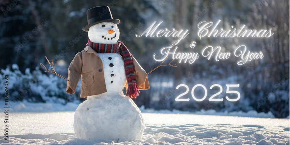 Życzenia Merry Christmas Happy New Year 2025 w tle Bałwan ulepiony ze śniegu w kapeluszu szaliku i kubraku na leśnej polanie