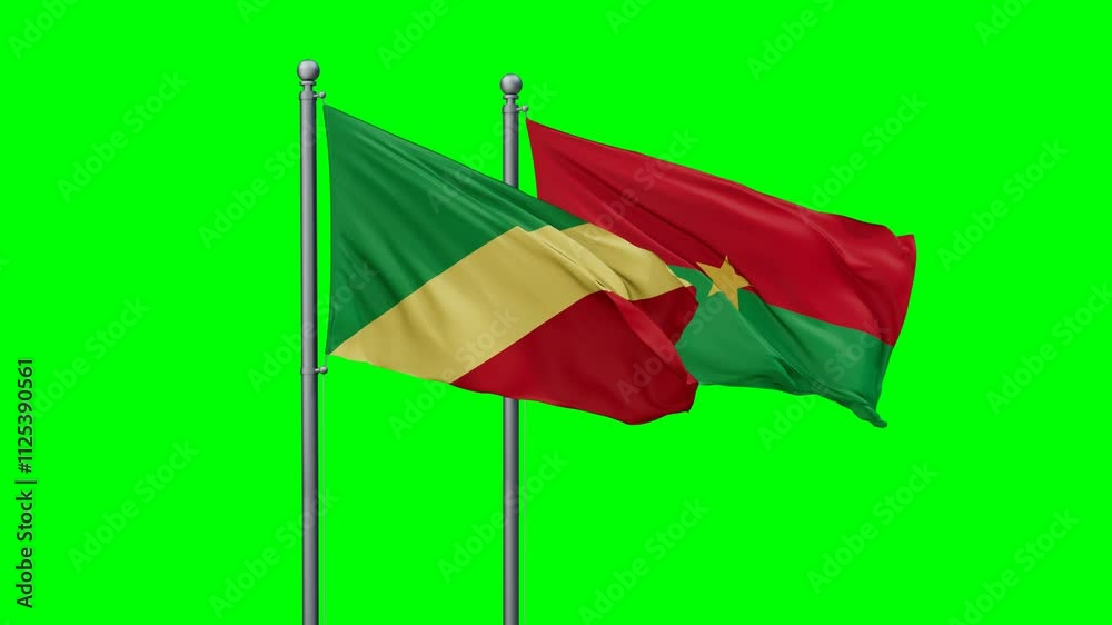 Burkina Faso and Congo Brazzaville flags flying together, video concept of the relationship with colored chroma key for easy background remove Burkina Faso and Congo Brazzaville flags flying together, video concept of the relationship with colored chroma key for easy background remove